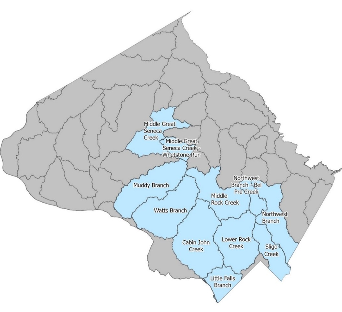 Map of watersheds to be modeled: Northwest Branch, Sligo Creek, Northwest Branch/Bel Pre Creek, Lower Rock Creek, Middle Rock Creek, Middle Great Seneca Creek, Midle Great Seneca Creek/Whatstone Run, Muddy Branch, Watts Branch, Cabin John Creek, and Little Falls Branch.