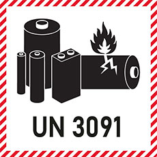 UN3091 label - Various sizes and shapes of batteries with one cracked and on fire