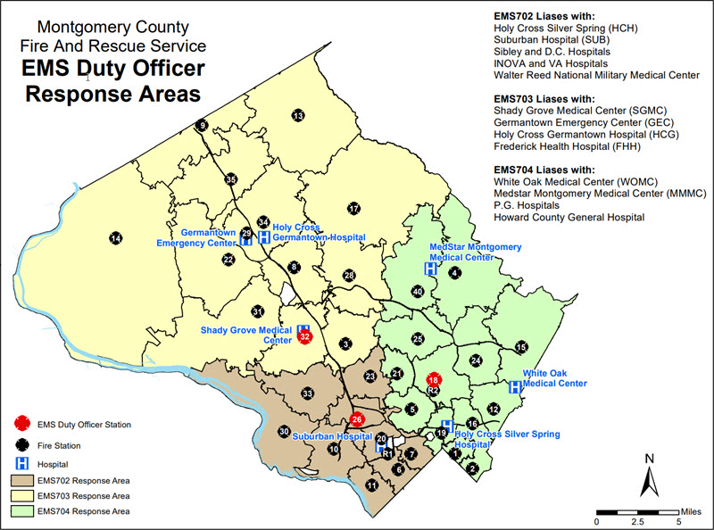 Map of Montgomery County showing the EMS Duty Officer Response Areas