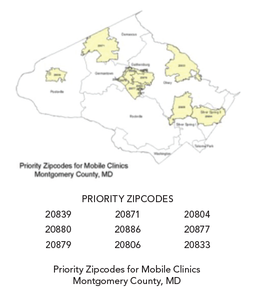 Map of Montgomery county, Maryland priority zipcodes for the Mobile Health clinic