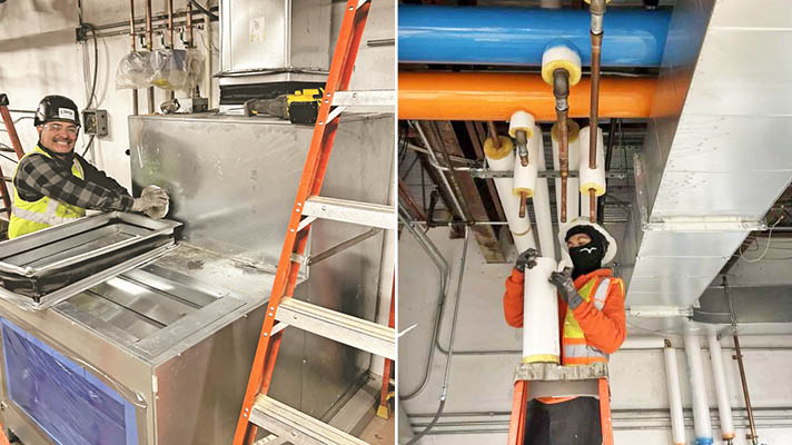 people working on piping and ductwork