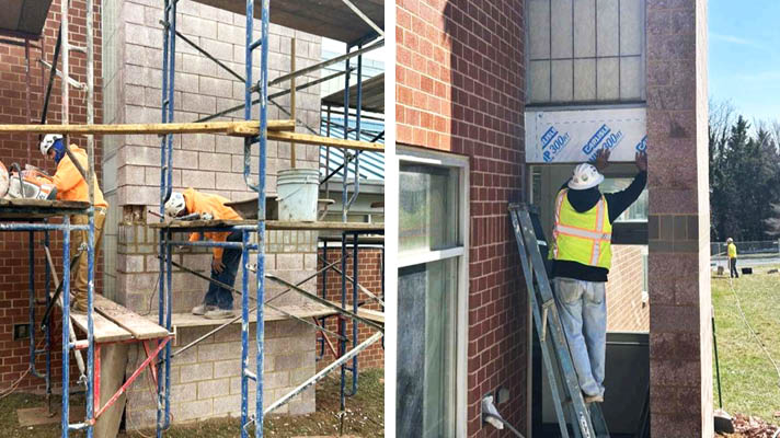 working on the the exterior walls of library