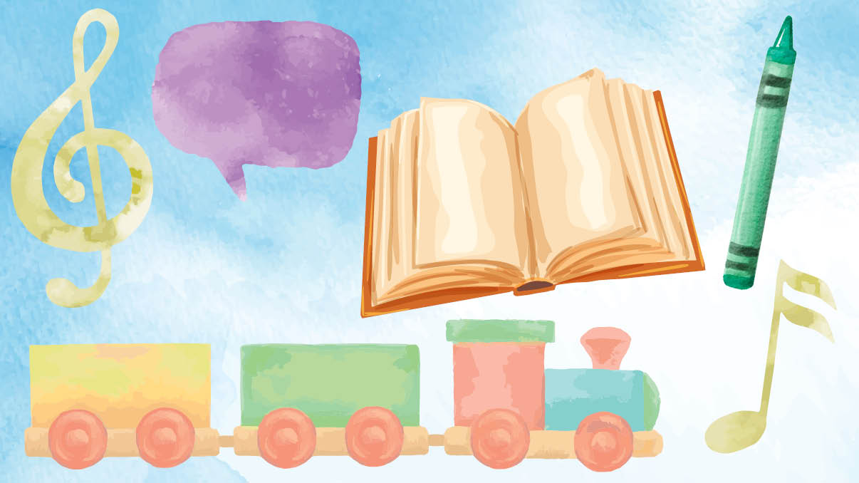 trains, musical notes, crayons, books for kids