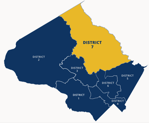 map of District 7 includes Chevy Chase, Chevy Chase Village, Glen Echo, Somerset.
Bethesda, Brookmont, Cabin John, Chevy Chase, Friendship Heights Village, North Bethesda.