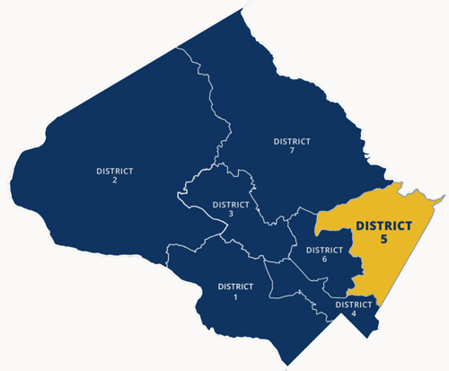 map of District 5 includes Briggs Chaney, Burnt Mills, Burtonsville, Calverton, Cloverly, Colesville, Fairland, Four Corners, Hillandale, Lyttonsville, Silver Spring, Takoma Park, and White Oak