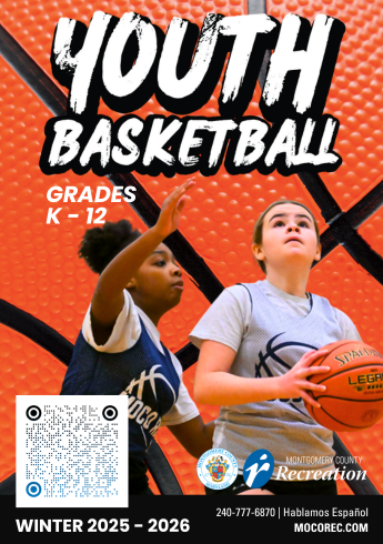 A young girl in a yellow MoCo Rec shirt holding a basketball along with a QR code promoting Youth Basketball Winter Programs 2024-2025 for Grades Kindergarten through Twelve Grade