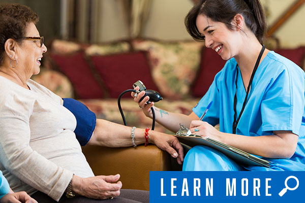 nurse checking older woman's blood pressure, click to learn more