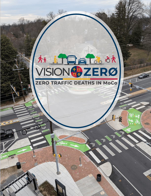 Vision Zero logo with intersection with bike lanes in the background